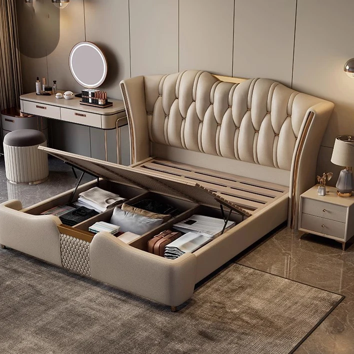Leather Bed Frame Queen Size King Size Bed Modern Luxury Italian Leather Bed Room Set Queen Size Bedroom Furniture