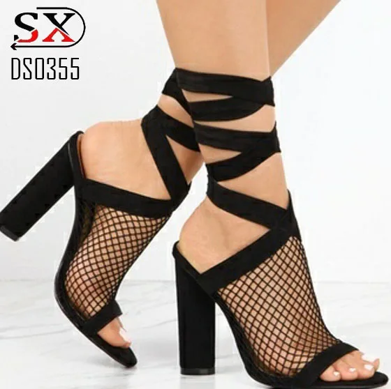 Black color mesh upper sandals women  high heel shoes sexy lady shoes