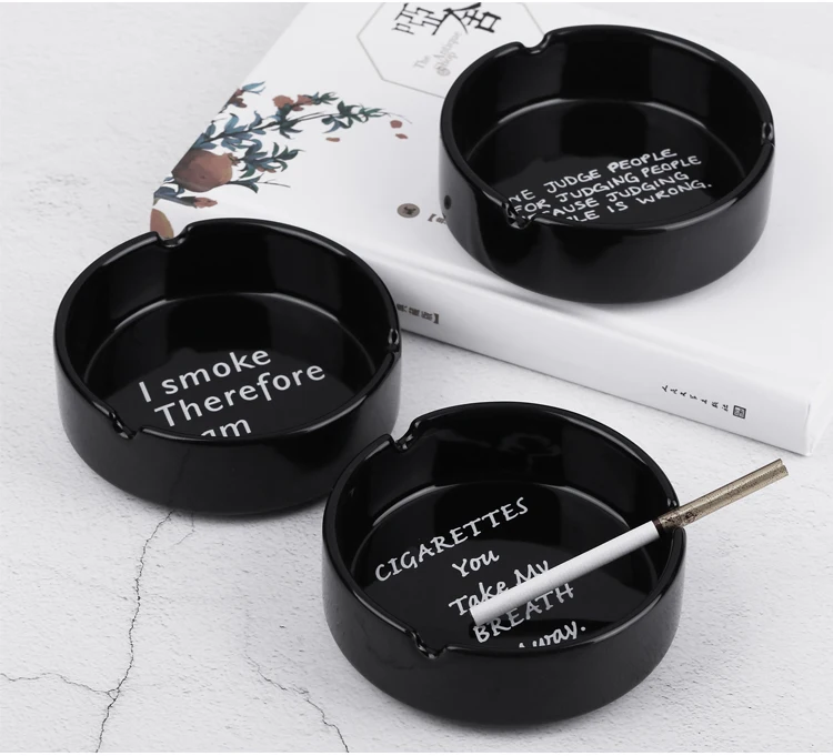 Glossy Black Ceramic Ashtray Custom Logo for Man and Women Outdoors Indoors Desktop Ash Tray for Home Office