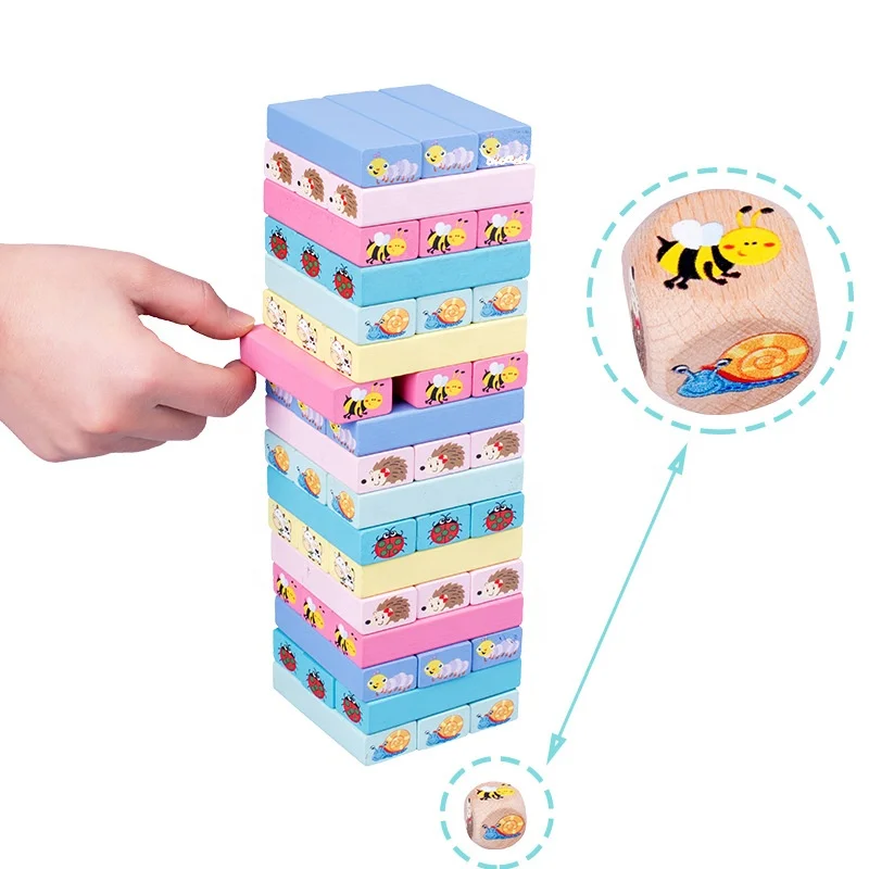 Wooden Toppling Tumbling Tower Cognitive Building Wooden Tower Stacking Blocks Board Games with Dice for Kids