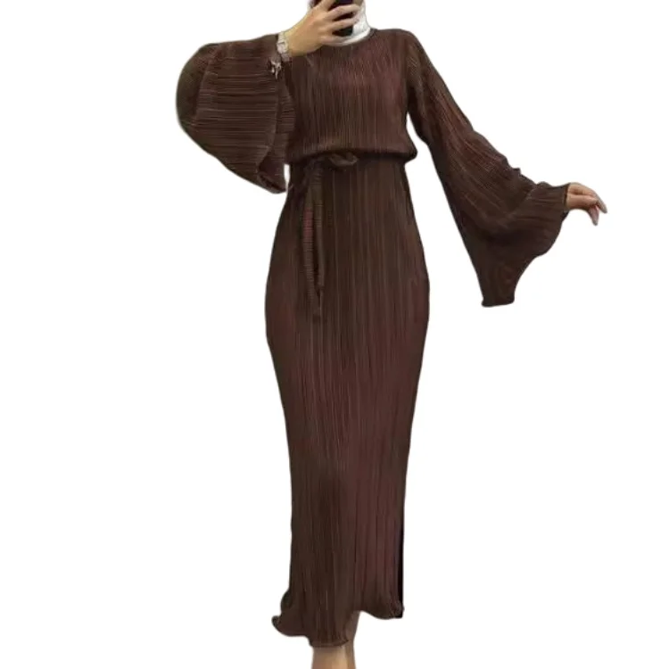Fashion new wholesale price Muslim solid color pleated straight long skirt flared sleeve waist Muslim women dress