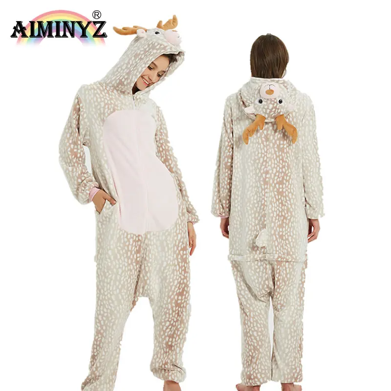 AIMINYZ Wholesale Autumn And Winter Cute Cartoon Christmas deer Onesie Pajamas Fawn Couple Home Clothes Long Sleeve Warm Adult