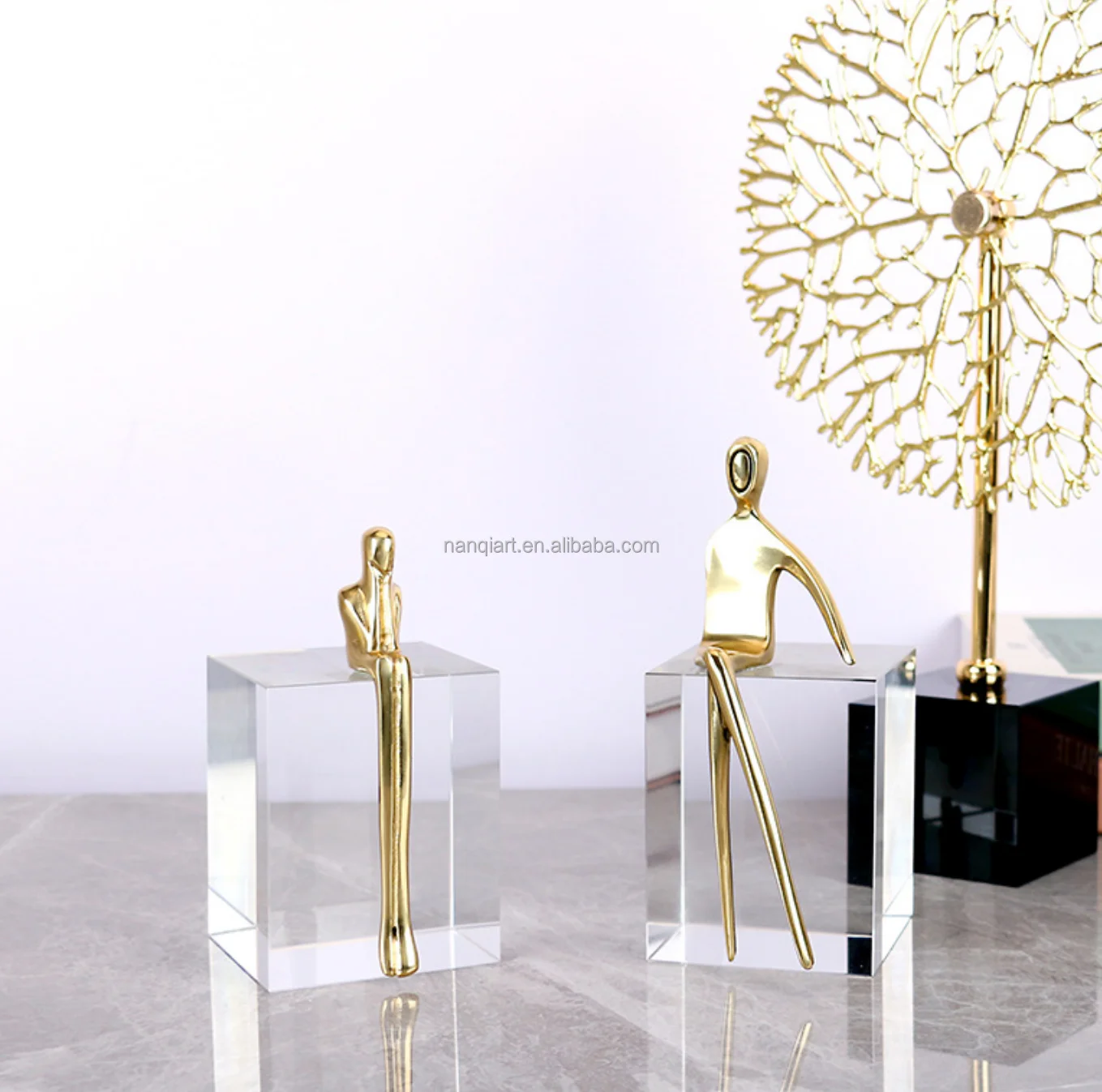 High Quality Handmade Crystal Artificial Copper Figure Abstract Art Statues Creative Home Decor Ornament With Natural Stone Base