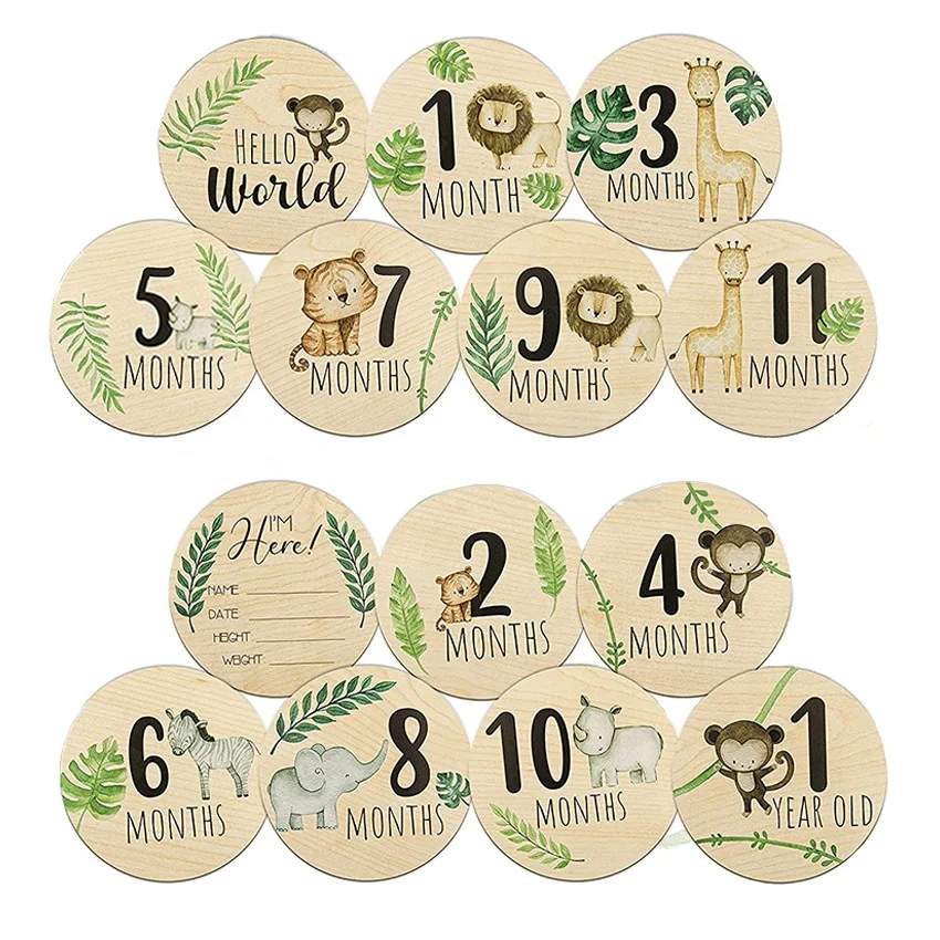 Animals Newborn Gifts Baby Monthly Milestone Cards Baby Shower Monthly Wooden Discs Hello World Milestone Pregnancy