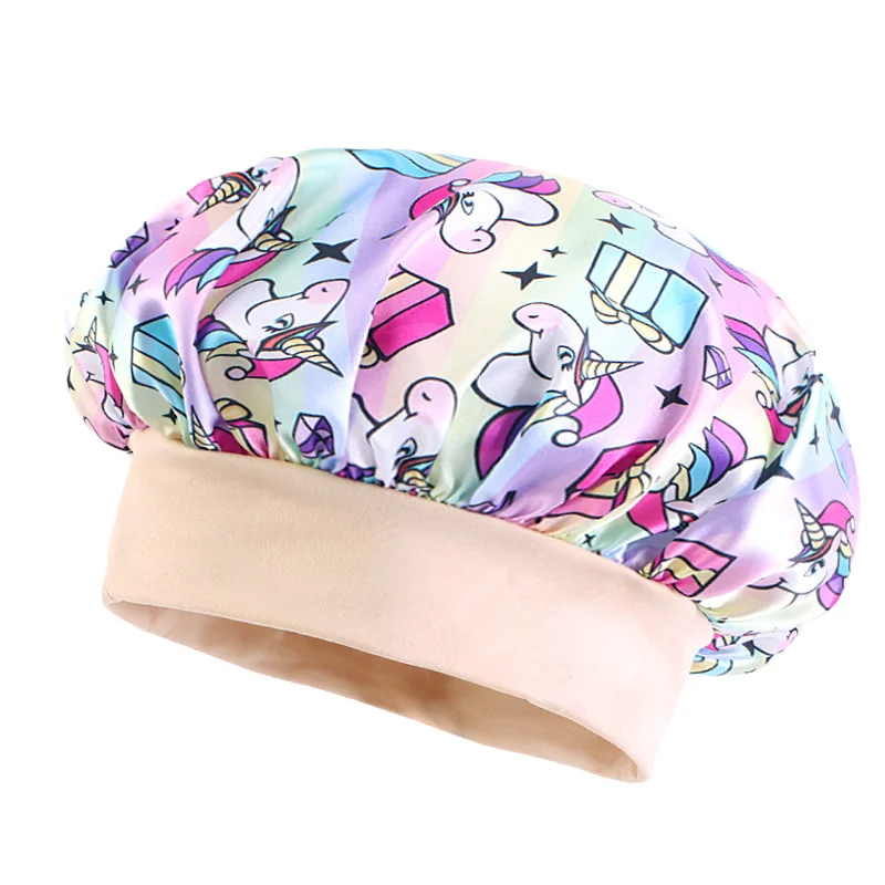 High quality Cartoon Horse Kids Bonnets Pattern Printed Satin Night Cap With Wide Band Home Use Satin Hair Bonnets custom design