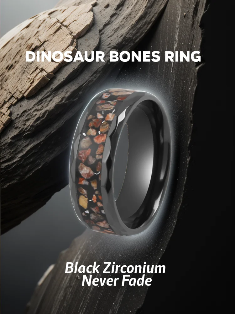 Unique and Stylish black zirconium Tungsten Carbide Ring with Dinosaur Bones Inlay titanium ring for Men
