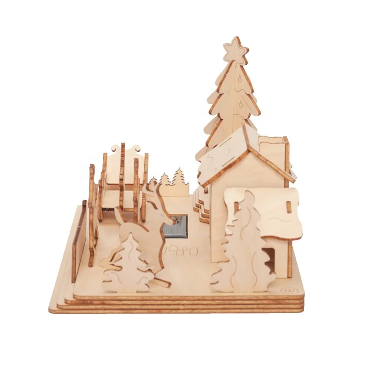 
3D wooden puzzle solar DIY christmas village house for kids 
