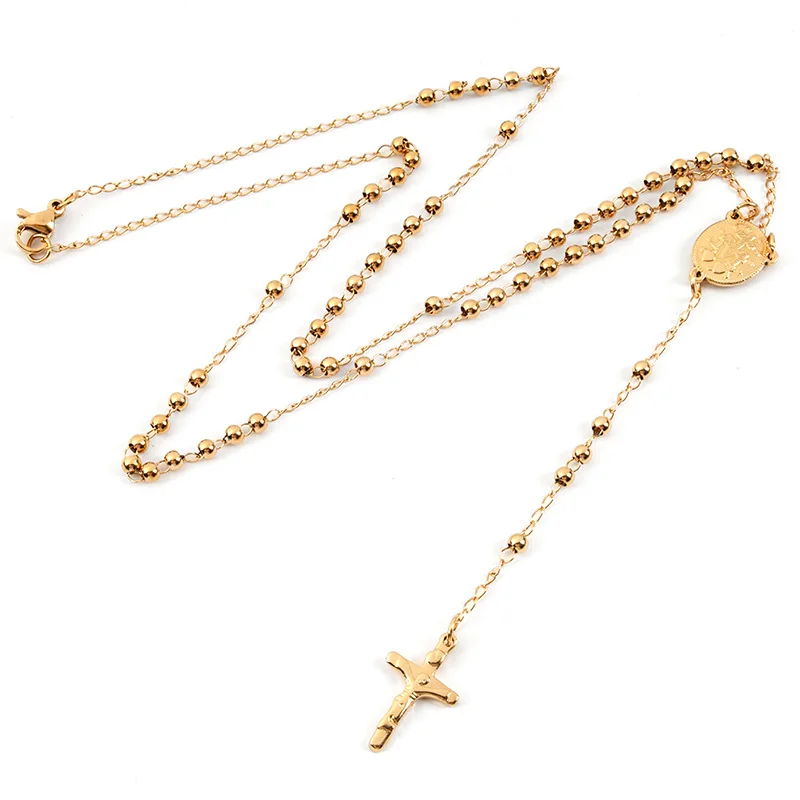 3mm Long Chain custom Cross sales products Gold christian catholic religious stainless steel rosary bead necklace