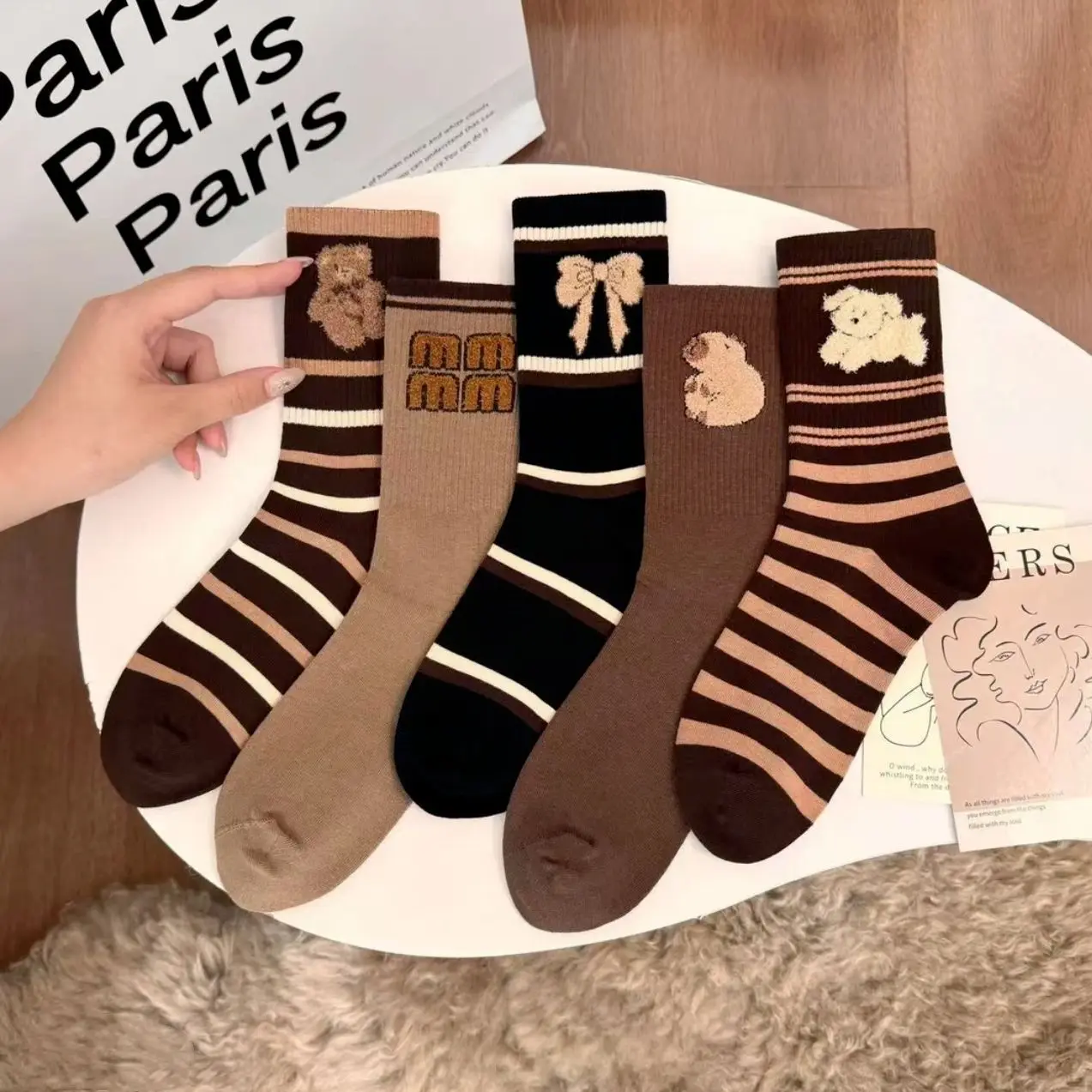 Wholesale Brown Teddy Bear Cartoon Socks Women Casual Cute Novelty Cotton Crew Socks