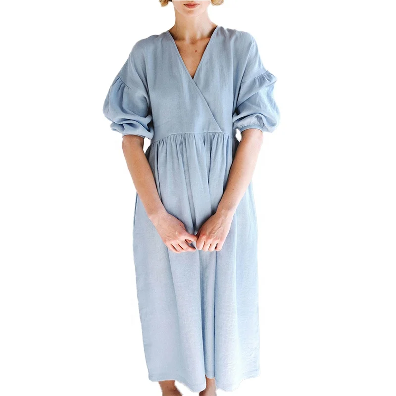 MANNI Ladies Clothes Linen V-neck Puffy Plus Size Modest Dresses Long Sleeve Maxi Dress