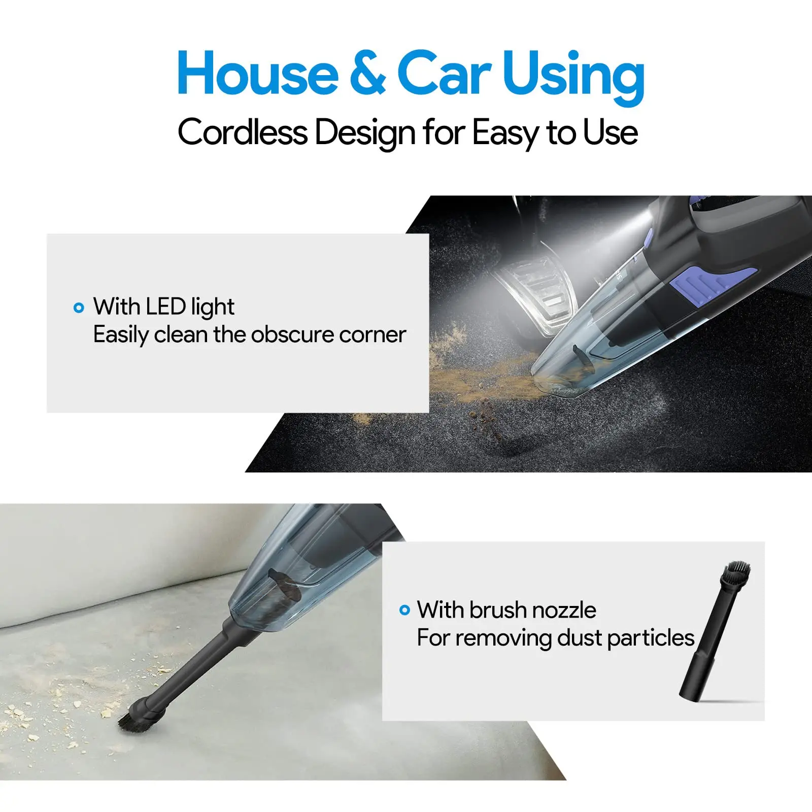 car vacuum cleaner portable with High Power 15000paHand Vacuum Cordless Rechargeable Handheld Vacuum 3x2000mAh Li-ion Battery