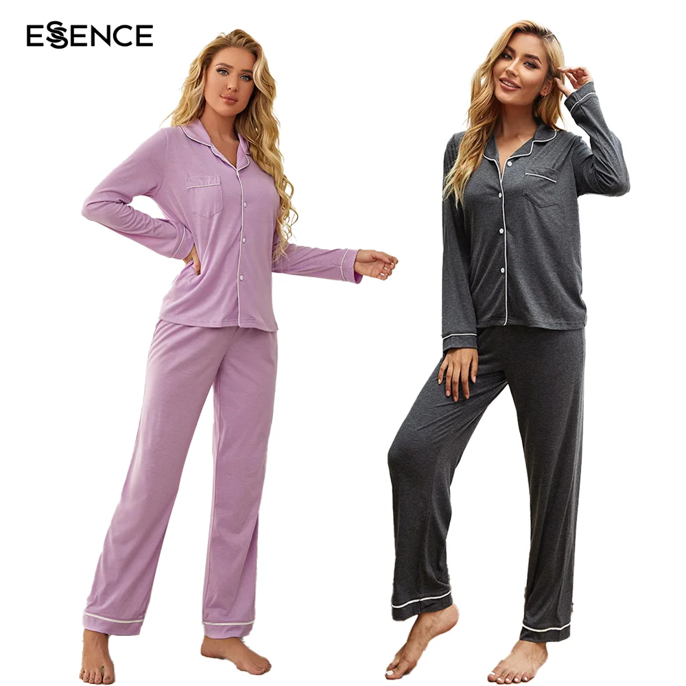 Custom Bamboo Pajamas Winter Notch Collar Long Sleeve Bamboo Sleepwear Cotton Modal Loungewear PJ Sets For Women