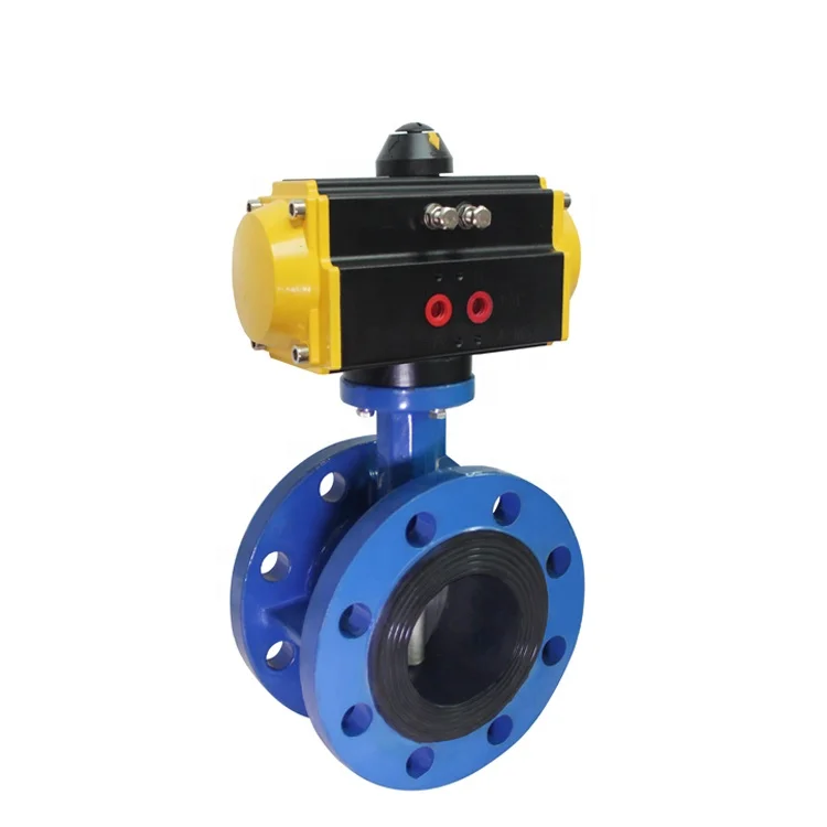 COVNA Cast Iron Durable Double Flanged PTFE Lined Pneumatic Actuator Butterfly Valve