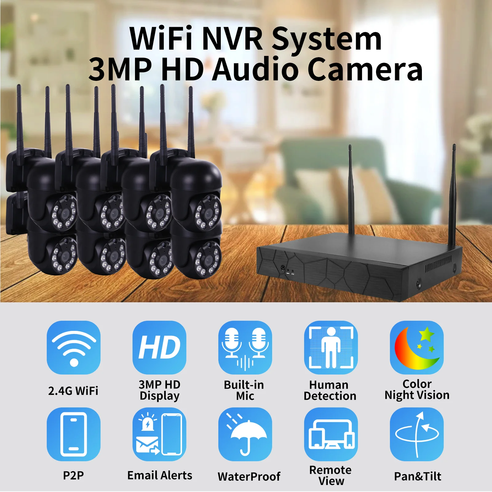 8CH Wireless CCTV System 3MP WiFi NVR Outdoor Human Auto Track Security IP Camer P2P Video Surveillance Kit Night Vision