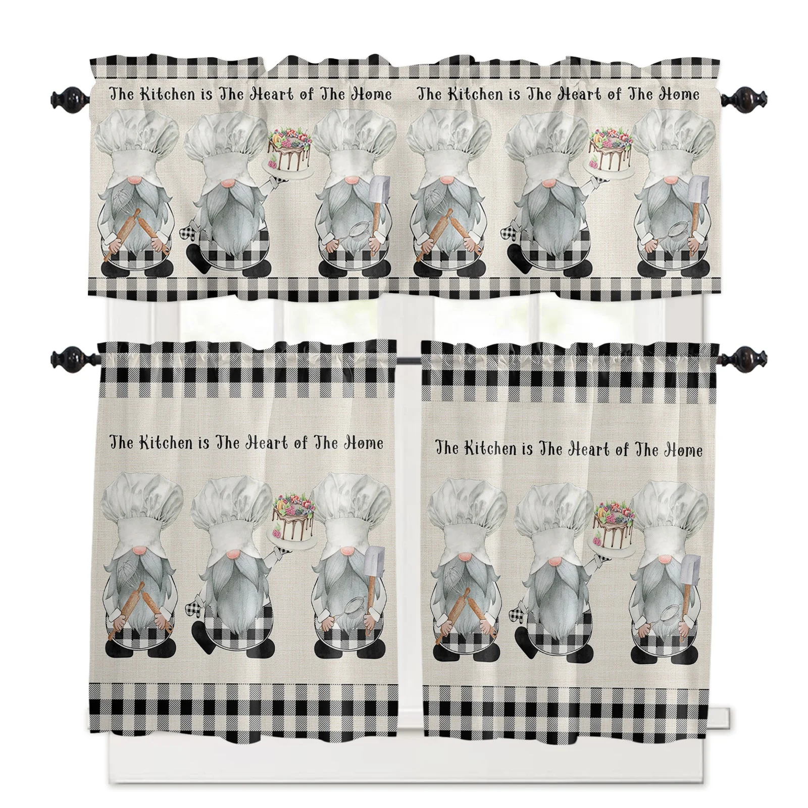 Gnomes Chef Kitchenware Printed Window Valance Treatments Cafe Tier Curtain Panels