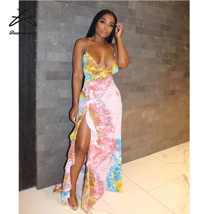 LD0074 Fashion Sexy halter fashion V-neck sleeveless split tie-dye dress bodycon women casual summer dresses