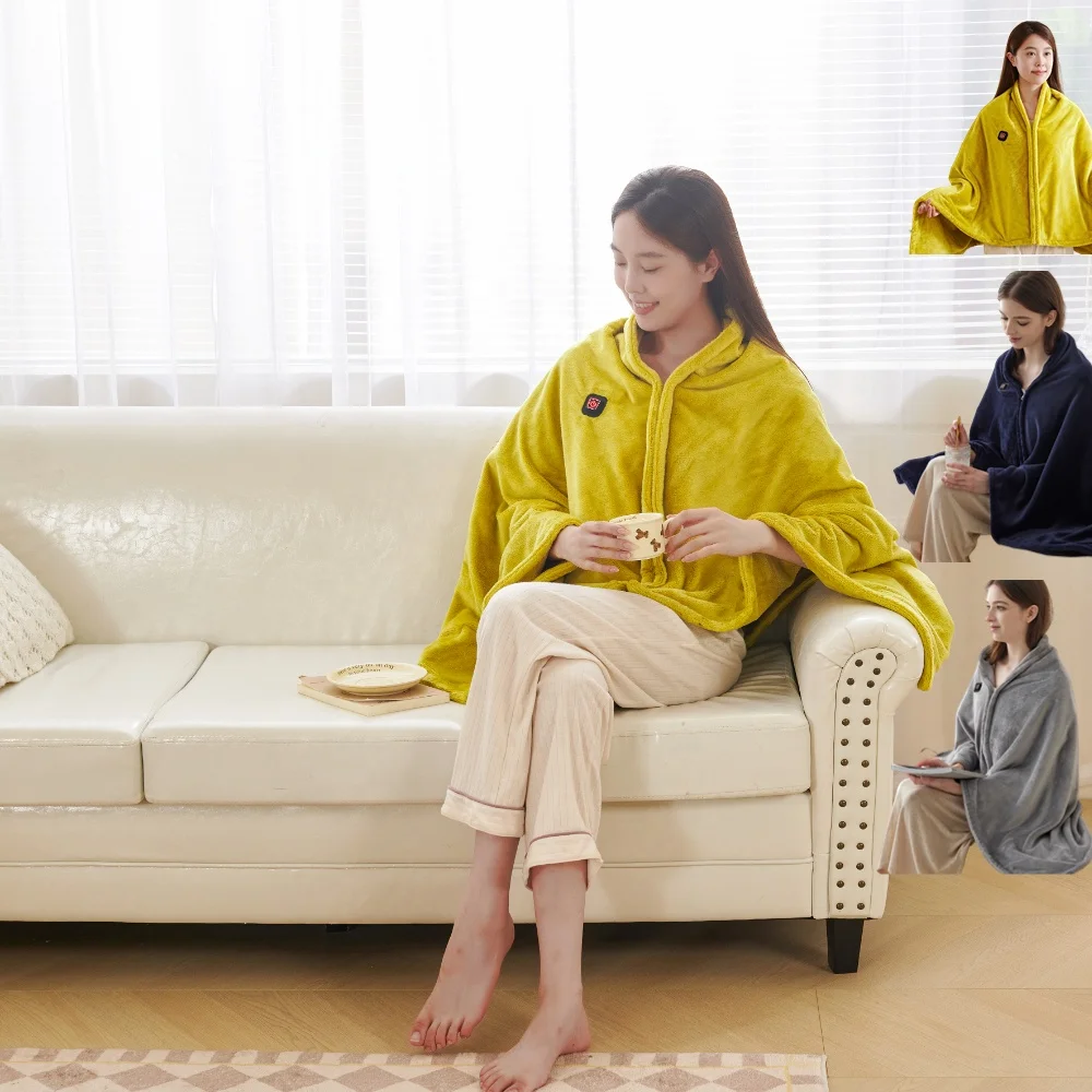 Usb battery powered fluffy Wearable thermal turbo heat shield wrap shawl electric massage heated throw blanket with heating