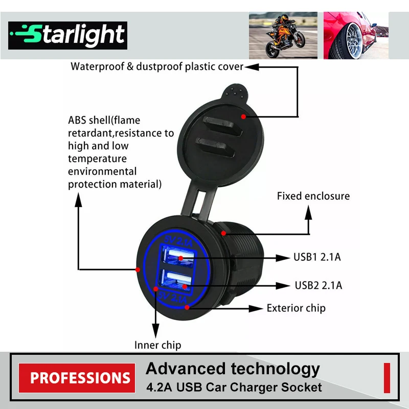 Fireproof Abs DC 12V 24V Car Charger Socket 4.2A Dual Usb Car Charger Adapter for Car Boat Marine Rv Motorcycle