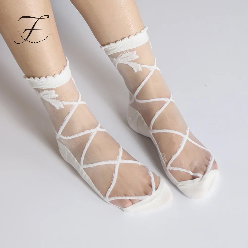 Fiona New Style Fashion Thin Casual Cool Breathable Stockings With Bow Ladies Silk Glass Crystal Tube Socks