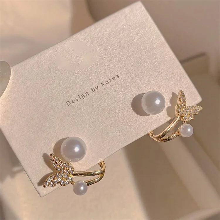 S925 Silver Needle Fish Tail Pearl Earrings Full of Diamond Earstuds Female