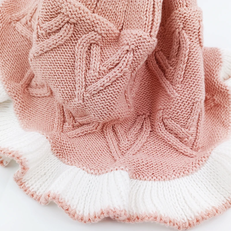 Paleo Baby Knitted Bonnet Kids Cute Pink Adjustable Vintage Jacquard Soft Baby Girl Knit Bonnets Newborn Cotton Lace Hat