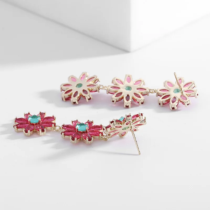 Wholesale Women Elegant Light Luxury Diamond Zircon Rose Red Flower Long Drop Earrings
