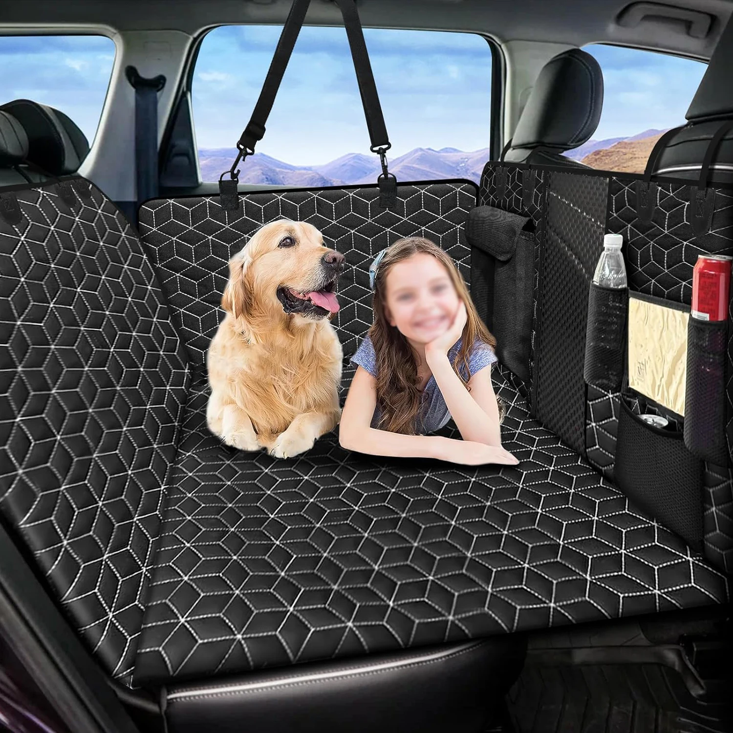 Back Seat Extender for Dogs Dog Hammock with Hard Bottom Back Seat Protector with Mesh Window and Storage Pocket for Car