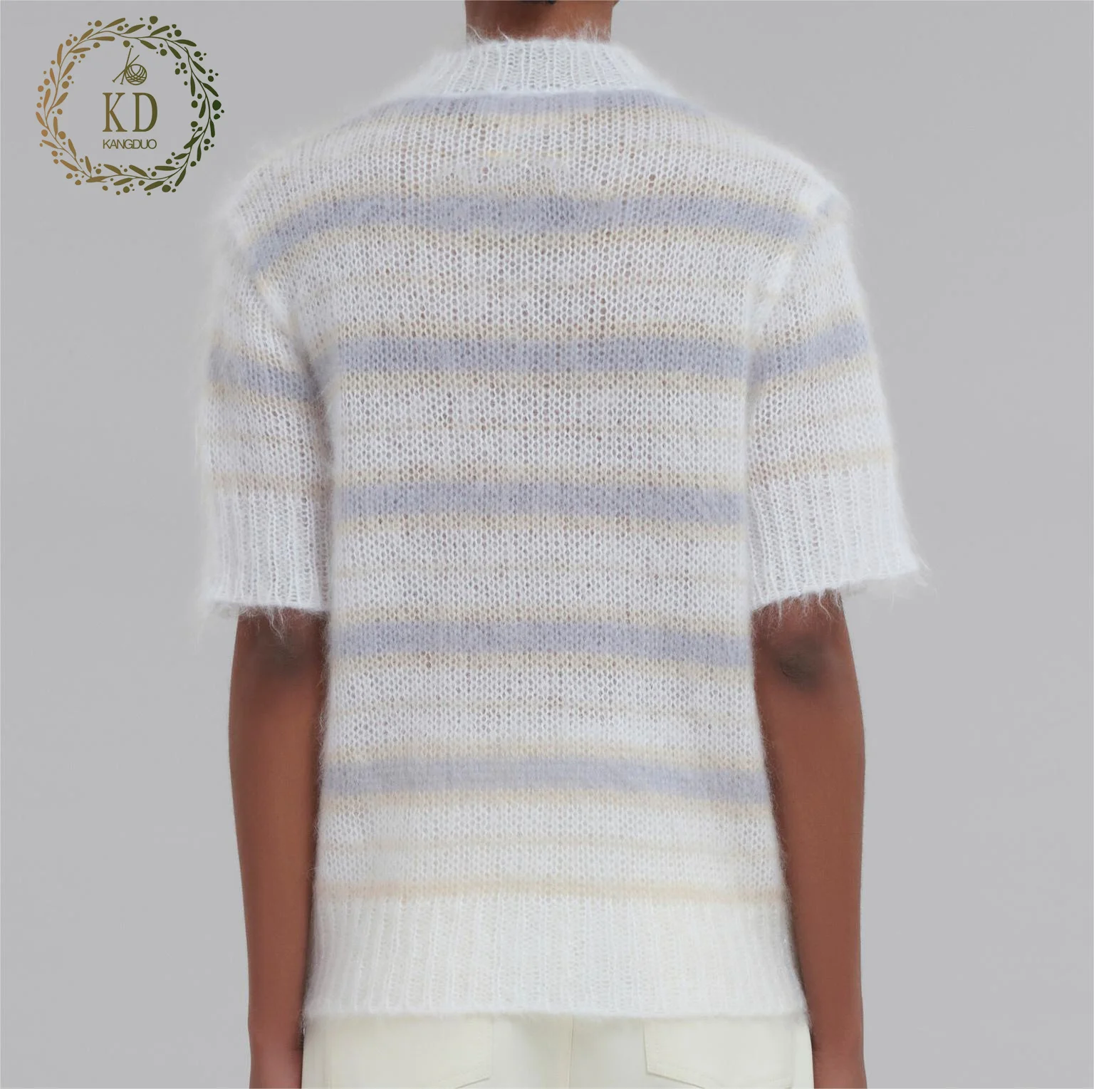 KD Sweater Manufacturer Custom OEM ODM Short Sleeved Crew Neck Brushed Furry White Mohair Wool Striped Top