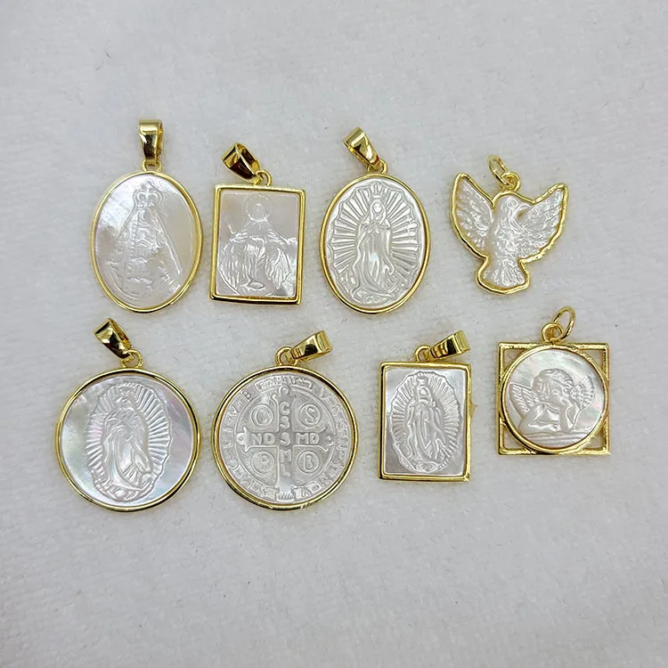 18k Gold Plated Mother of Pearl Shell Rectangle Virgin Mary Our Lady of Guadalupe Medallion Catholic Religious Sacred Pendants