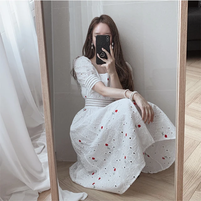 Korean Fashion Square Neck short Sleeve Floral Dress Women Sweet Dresses Clothing Wholesale
