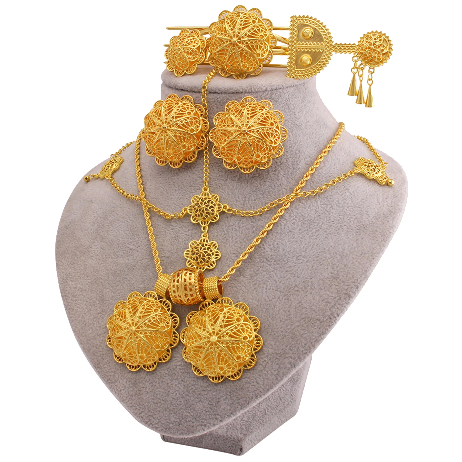 18K Eritrean Ethiopian Gold Jewelry Sets Round Pendant Necklace Bangle Earring Ring Gifts for Women Girls Habesha Jewelry HWT292