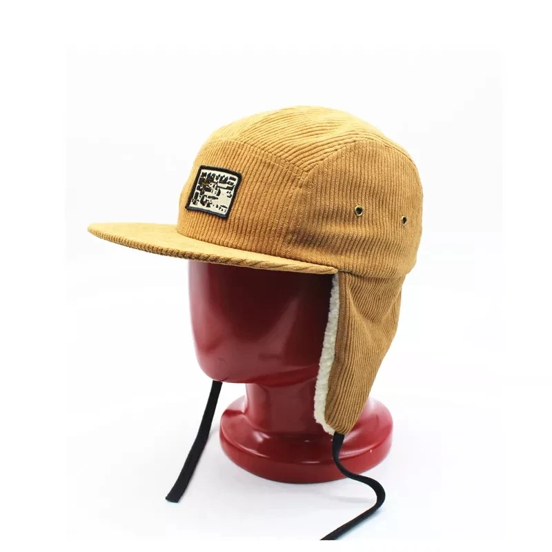 corduroy 5 panel woven patch with ear flap winter snapback hats wholesale