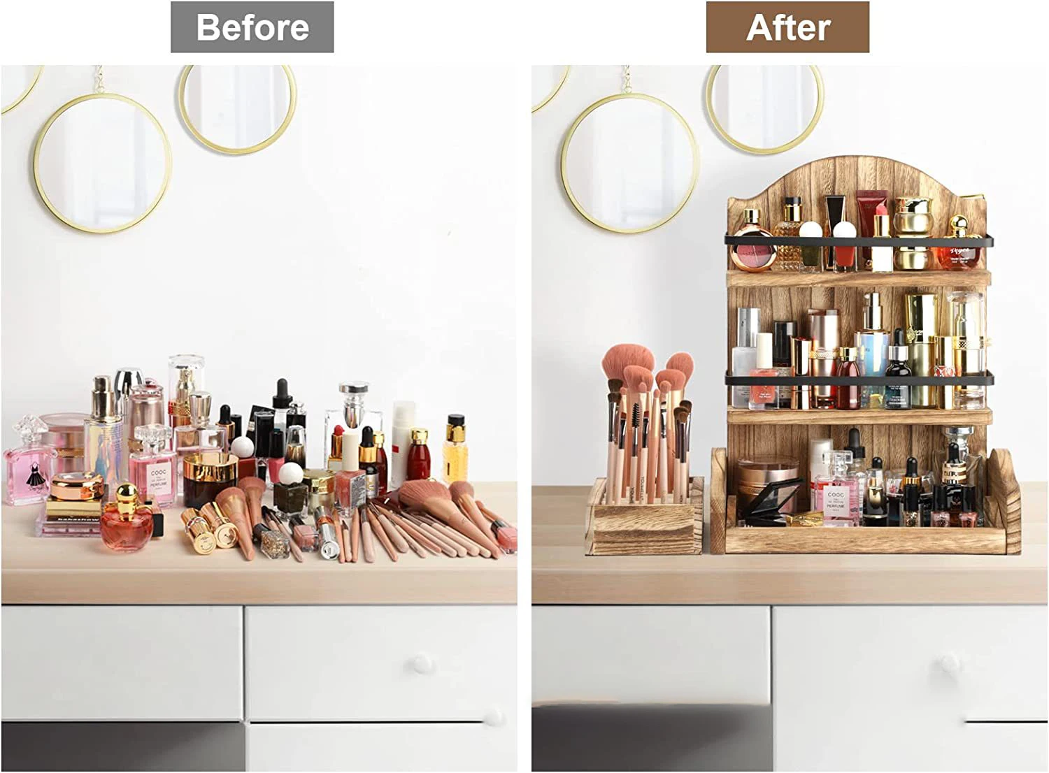 3 Layer Rustic Wooden Desk Makeup Organizer Cosmetic Organizer Storage Box