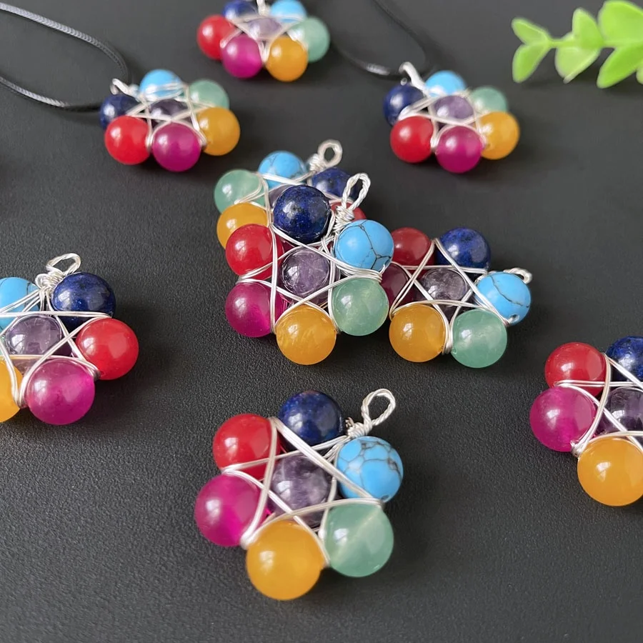 Natural Crystal Bead Hexagram Pendant Chakra Crystal Stone Bead Pendant for Healing Gift