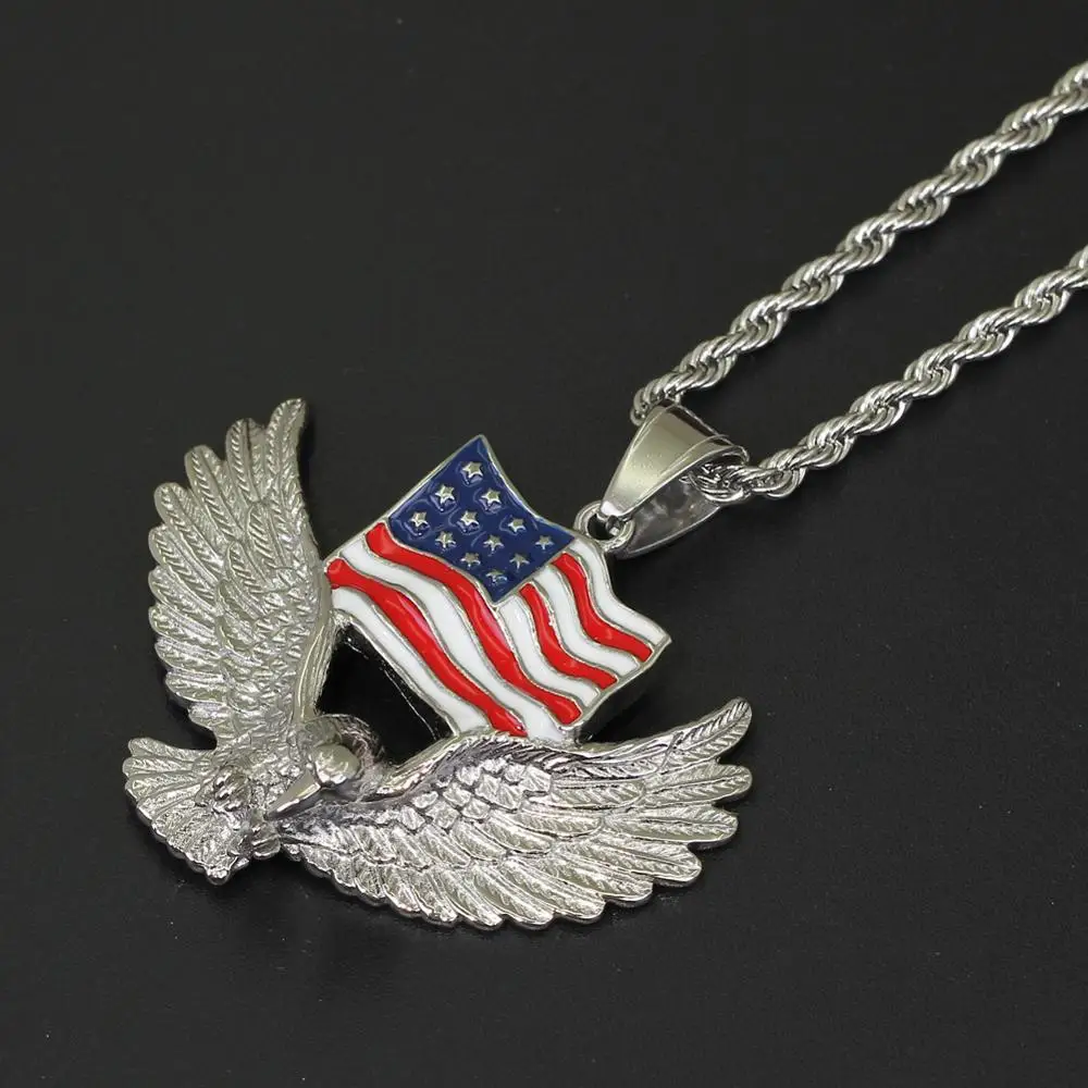 
Hiphop Golden Stainless Steel USA Flag Patriotic American Flag Eagle Pendant Necklace with 3MM Twist Rope Chain 24inches 