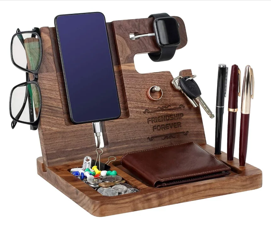BSCI Wood Docking Station Cell Phone Smartwatch Holder Men Charging Accessory Nightstand Father Mobile Gadget Organizer