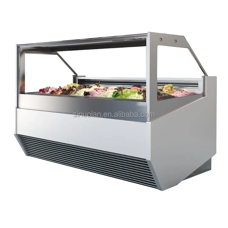 Curved Glass Door Countertop Display Freezer Ice Cream Fridge Machine 16 Pans Storage Container