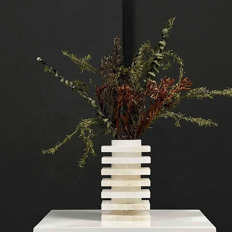 stonekocc Spanish Alabaster White Natural Marble Flower Arrangement Model Room Hotel Living Room Restaurant Decorative Vases