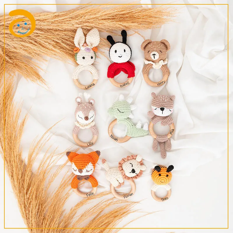 Handmade Cotton Yarn Creative Hand Knitted Crochet Rattle Baby Rattle Lion Elephant Bear Elk Kid Toy Comforter Bite Rattle Gift