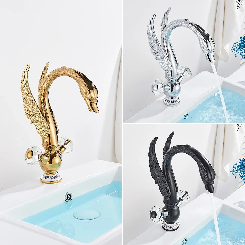 Golden Swan Basin Faucet Deck Mounted Bathroom Faucet Hot and Cold Water Mixer Tap Bath Water Faucet Basin Sink Taps