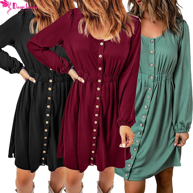 Dear-Lover Fall Elegant Women Dresses Casual Solid Color Long Sleeve Button Up Midi Lady Dress