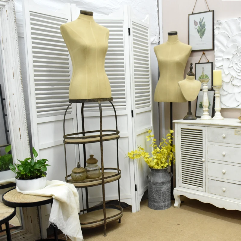 Luckywind Vintage Rustic fabric Plastic Wood Display Body Dress Form Female Mannequin With 3 tier Shelf
