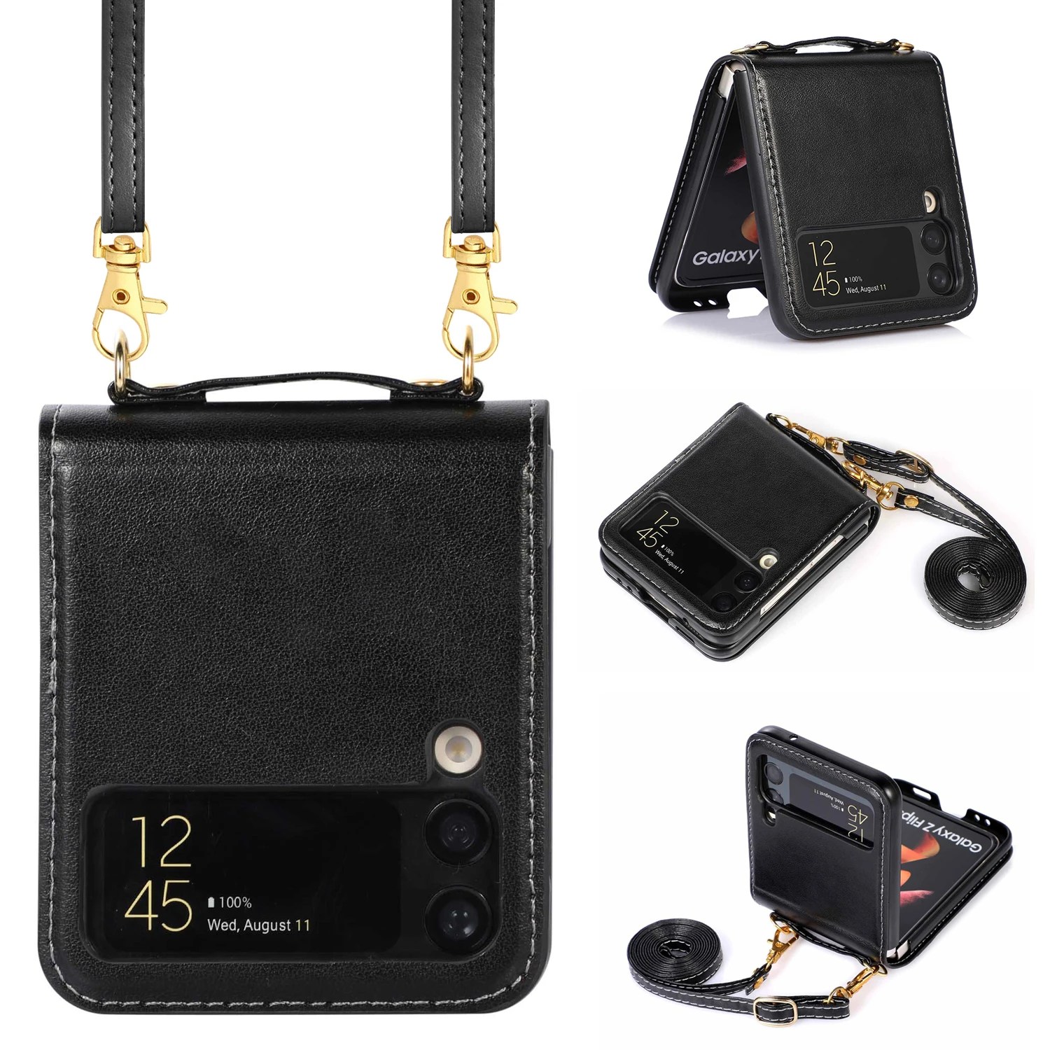 For Samsung folding Z Flip 3 mobile phone case messenger solid color wallet card mobile phone protective leather PU case