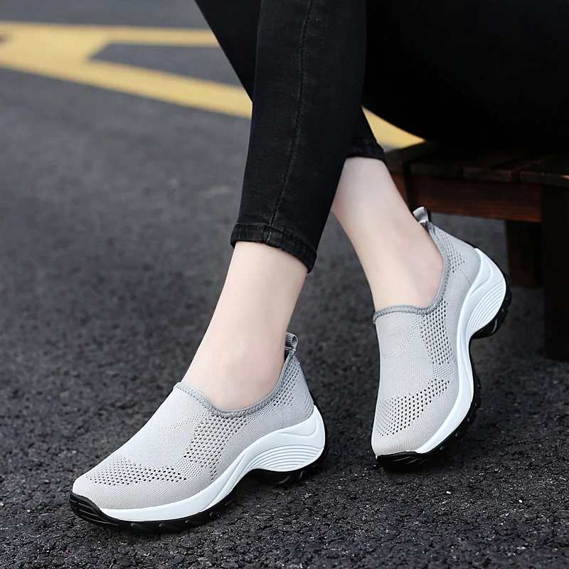 white wedge Height Increasing Shoes Womens Platform Sneakers Walking Slip On Light Weight Mesh Tennis Shoes