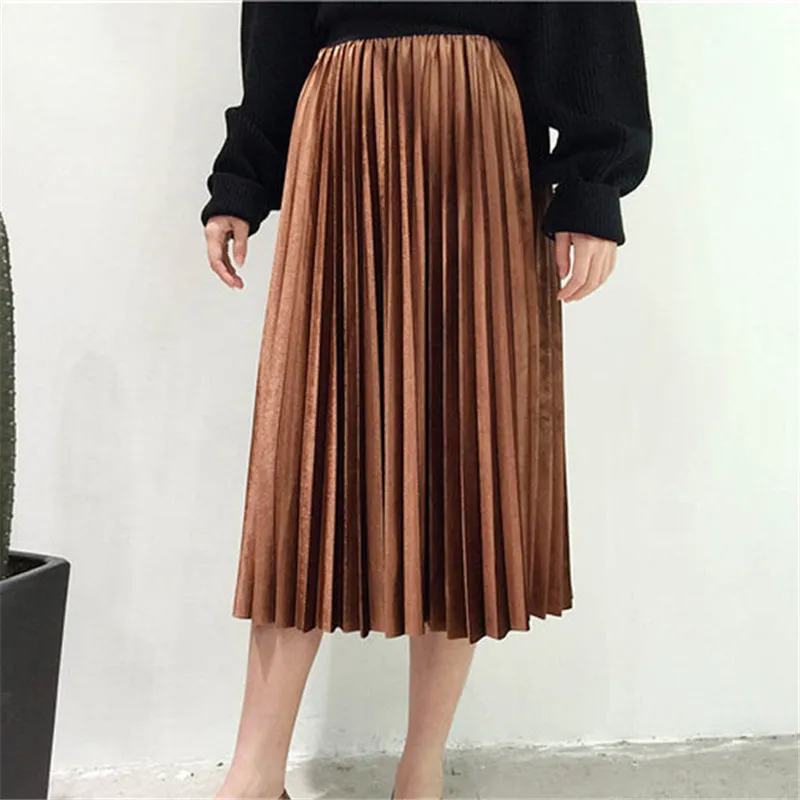 Vintage Women Long Metallic Silver Maxi Pleated Skirt Midi Skirt High Waist  Casual Party Skirt