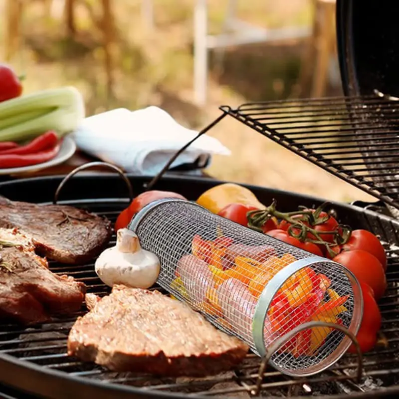 2023 New Stainless Steel 304 BBQ Rolling Grill Basket Wire Mesh Net Tube 12 inch Greatest Grilling Basket Ever