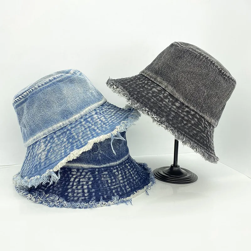 Women Denim Hole Hat Washed Cotton Jeans Tassel Fisherman Hat Bob Distressed Bucket Hat Hip Hop Gorros