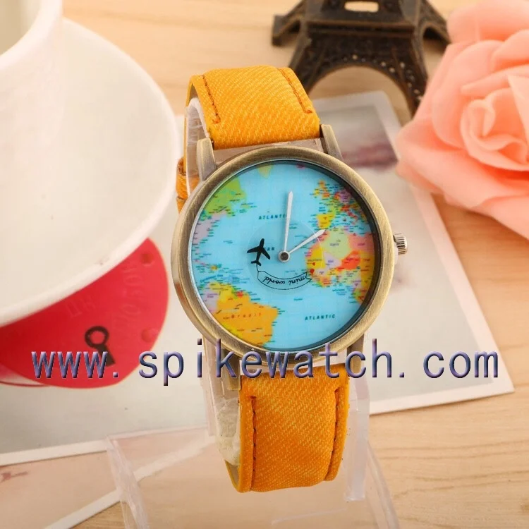 Special airplane hand leather strap world map watch dial for lady