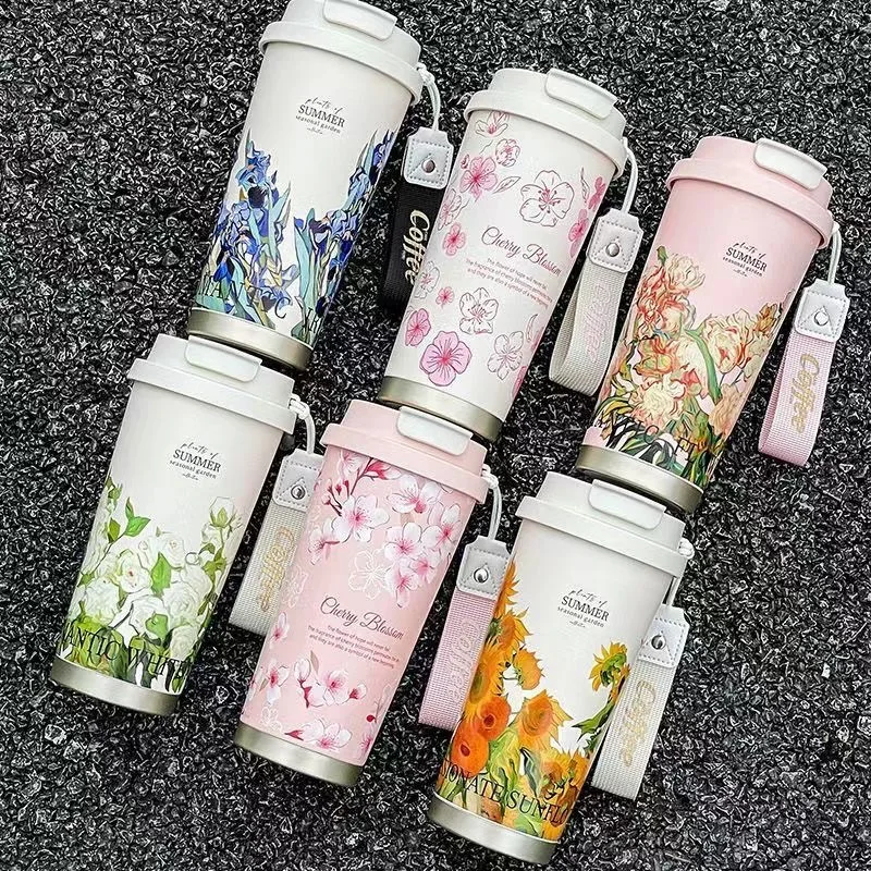 Seaygift 2024 newest travel portable Irises gardenia flower stainless steel vacuum insulated thermos coffee tumbler cup mugs