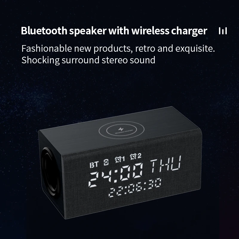Custom Wooden 5.1 bt wireless charging charger lamp speaker Super bass Mini Portable Wireless Speaker with alarm clock